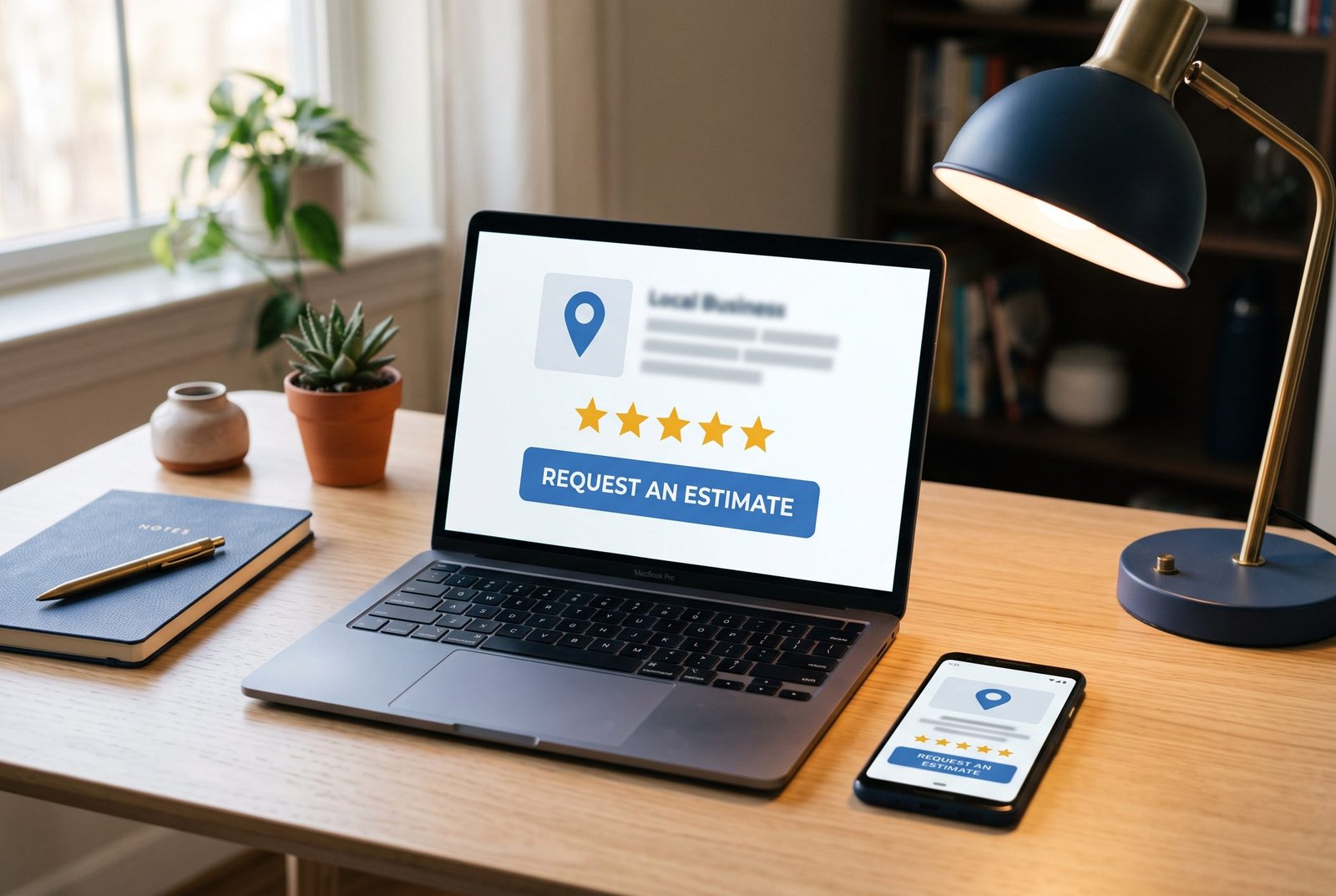 A laptop and phone on a desk showing a local business listing with five-star reviews and a blue "Request an Estimate" button.